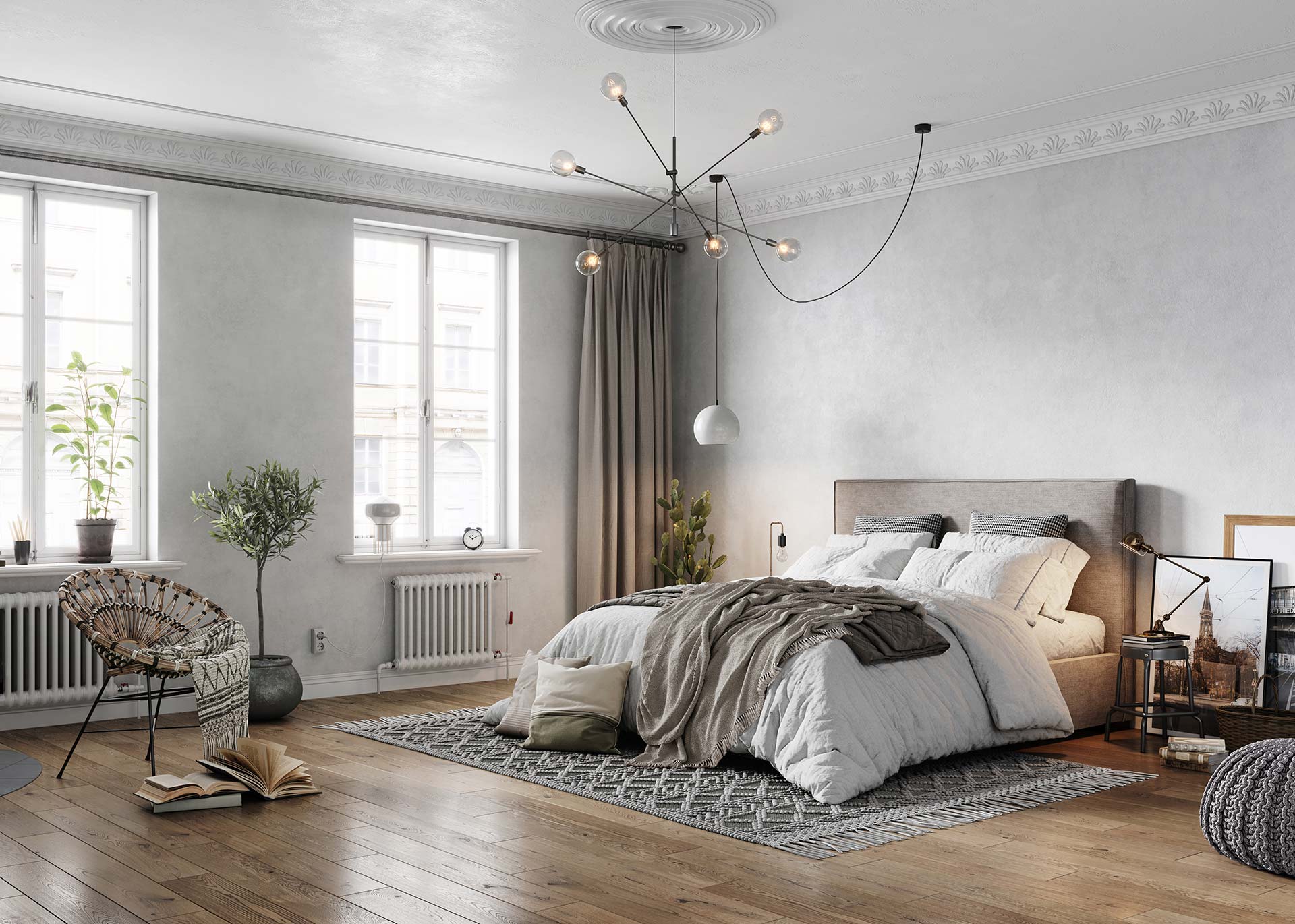 modernes Schlafzimmer mit Echtholzboden und Stil